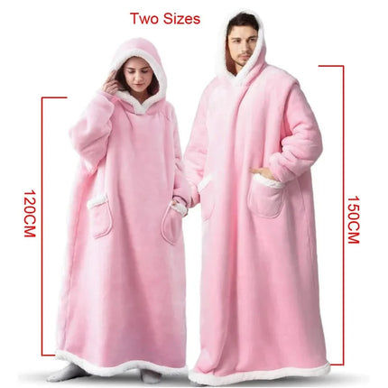 Extra Long Wearable Blankets Winter Flannel Hooded Blanket with Full Sleeves