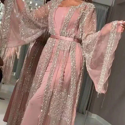 Sequined Maxi Dress with Belt, Large Swing Type, Loose Full Flare Sleeve, Summer Dress, Banquet