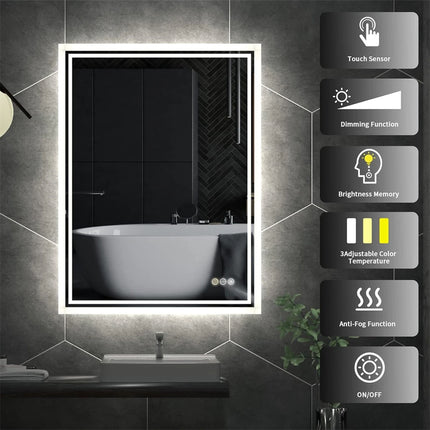 LED Bathroom Mirror 3 Size Dimmable Wall Mounted Mirror Rectangle Makeup Mirror Demist, Vertical/ Horizontal Backlit, IP65 Rated