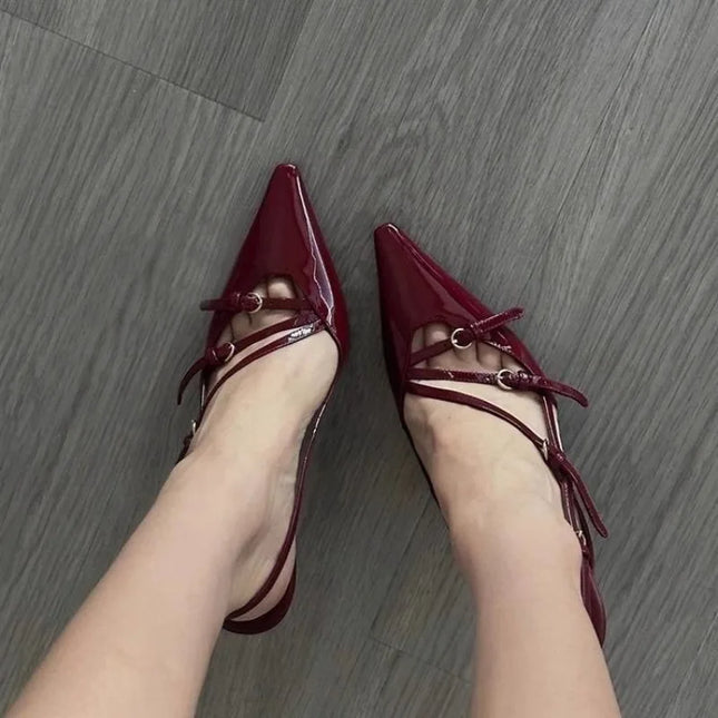 Black Silk Pointed One-line Buckle Skinny Heel Sandals, Women's Shoes
