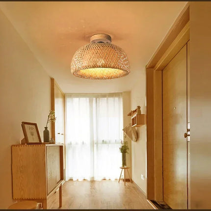 Handmade Boho Bamboo Wicker Ceiling Light Fixture Traditional Farmhouse Bedroom Nursery Hallway Corridor Mount Ceiling Light