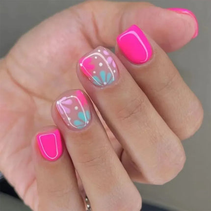24Pcs Short Almond Press-On Nails Pink Floral French Tip Glossy&Elegant Full Cover