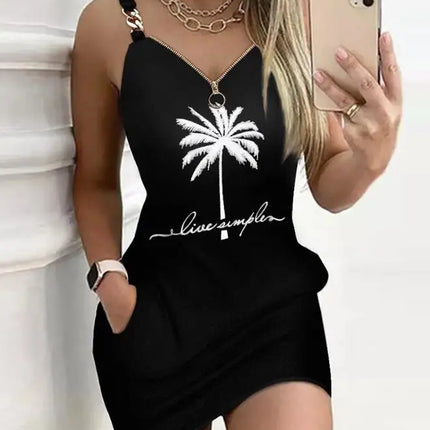 Y2K Fashion Women's Dress Casual Sexy Strap Sleeveless Denim Look Print Chain Decor Casual Dress 2025 Summer New Ottd