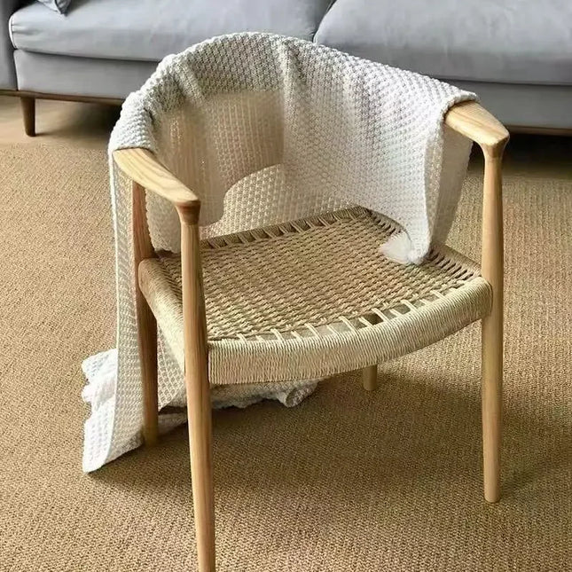Modern Japanese Style Armchair with Woven Rope Backrest for Dining Room or Study Casual Chair with Braided Rope Detailing