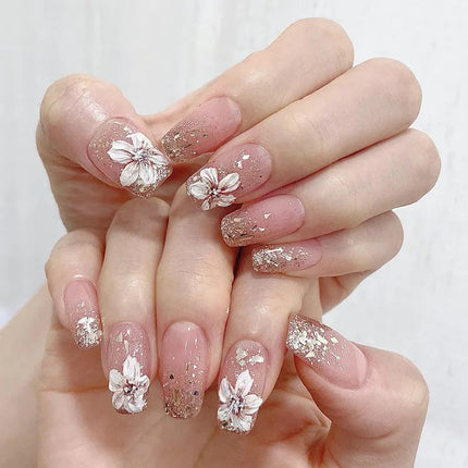 24Pcs Short Almond Press-On Nails Pink Floral French Tip Glossy&Elegant Full Cover