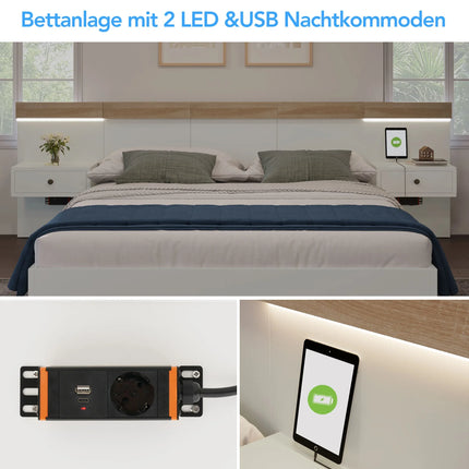 Double bed 160 x 200 cm with 2 LED bedside tables and USB C socket, including 2 bedside tables, bedroom complete - 205x264x90.5