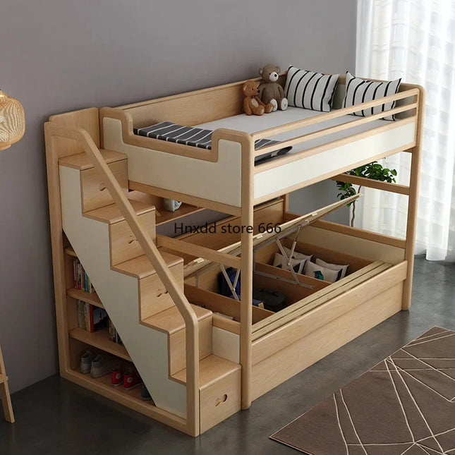 Bunk bed ash wood three layers with the same width parallel mother and child high and low children with trailer