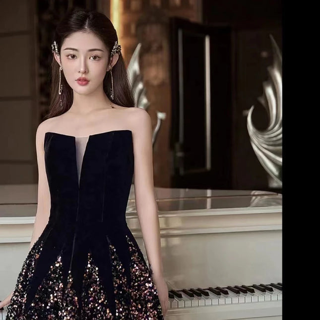 Fashion Luxury Black Celebrity Dress Strapless Boat Neck A-line Sequins Sparkling Formal Party Gowns For Women Vestidos De Noche