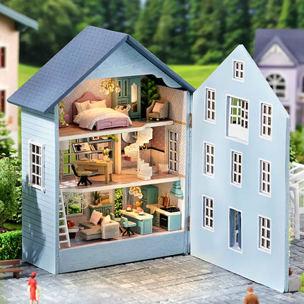 Wooden Doll House Assembly Building Model Pink Princess Villa Architecture Kit 3D