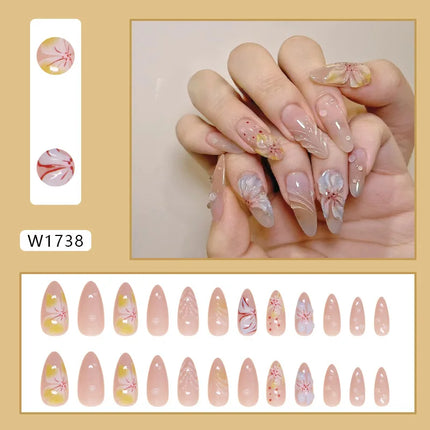 24pcs White Flower Fake Nail Tips Ins Yellow Pink Blush False Nails
