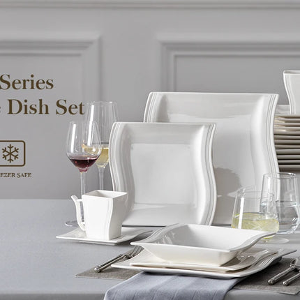 MALACASA 30/60 Piece White Porcelain Dinner Set with 12PCS Cup,Saucer,Dessert Soup Dinner Plate Tableware Set for 12 Person