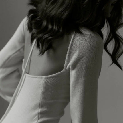 Cryptographic Elegant Knitted Sweater Maxi Dress Outfits for Women Flare Sleeve Sexy Backless Dresses Edible Tree Fungus Clothes