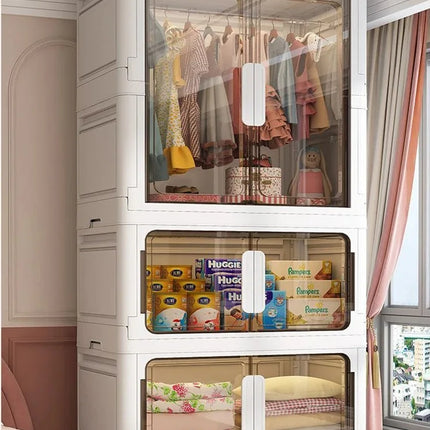 Double Door Open Clothes Storage Organizer with Wheels Foldable Wardrobe Cabinet Baby Cupboard Organizing Box Containers Bin