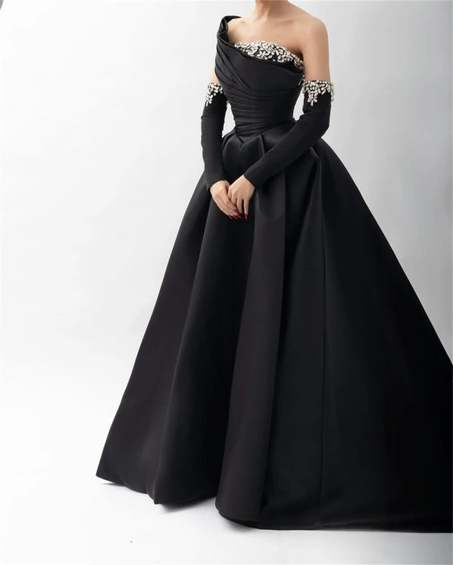 Bella Black Satin Beaded Robes De Soirée One Shoulder A-line Prom Dresses