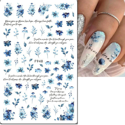 3d Nail Art Decals Elegant White RoyalBlue Roses Flowers