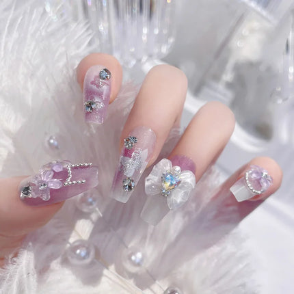 Blush Pink False Nails Bowknot Diamond Pearl 3D Design Press on Nail Tips