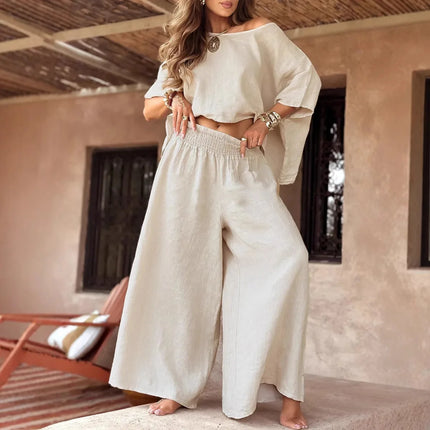 2025 Spring Cotton Linen Women Suit Black Oversize Loose Top Wide-leg Pants Set Female Summer
