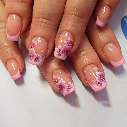 24pcs Short Square Press on Nails Jade Flower Sparkling
