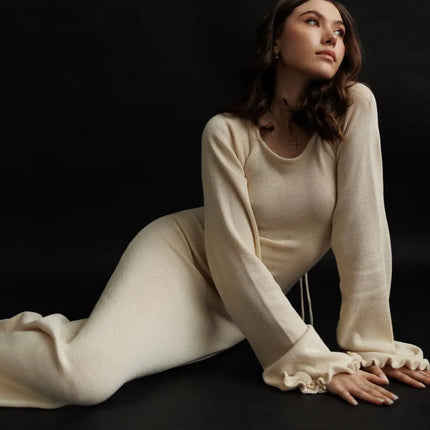 Cryptographic Elegant Knitted Sweater Maxi Dress Outfits for Women Flare Sleeve Sexy Backless Dresses Edible Tree Fungus Clothes