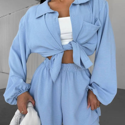 Short Sets Solid Women Two Pieces Suits High Waist Shorts Turn Down Collar Long Sleeve Shirt