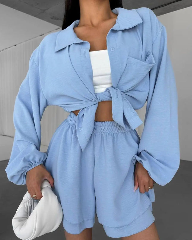 Short Sets Solid Women Two Pieces Suits High Waist Shorts Turn Down Collar Long Sleeve Shirt