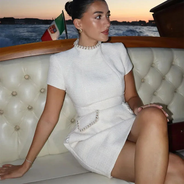 White Elegant Tweed Short Dress A-line Mini Curvy Dresses Luxury Shoulder Pad New Black Evening Gowns Party Birthday 2025 Summer