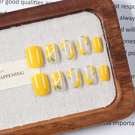 24pcs Short Square Yellow Lemon Press On Nails For Women Nude Pink