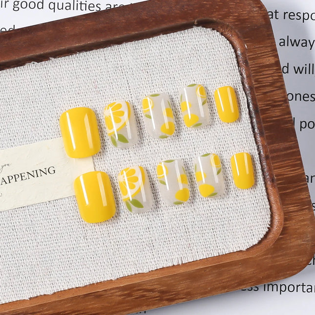 24pcs Short Square Yellow Lemon Press On Nails For Women Nude Pink
