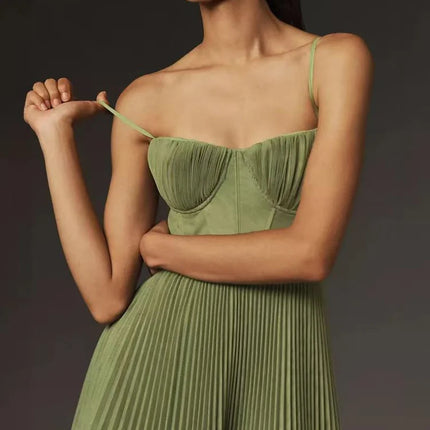 New Spring Summer Solid Pleated Dresses Women Sexy Strapless Hollow A-Line Long Dress Casual Sleeveless Backless Zip Sling Dress