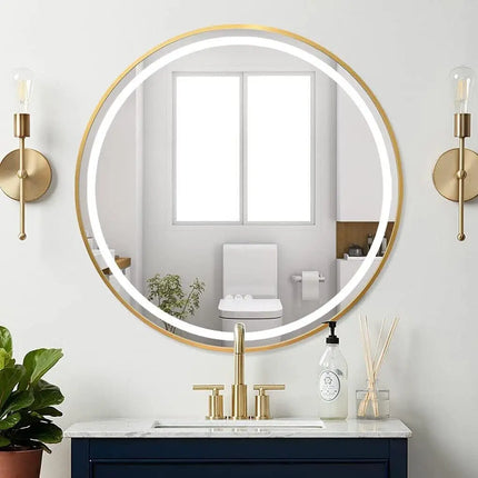 600mm Round LED Mirror Illuminated Lighted Wall Hanging Bathroom Mirror, Anti-fog, Golden/ Black Frame for Bathroom Entryway