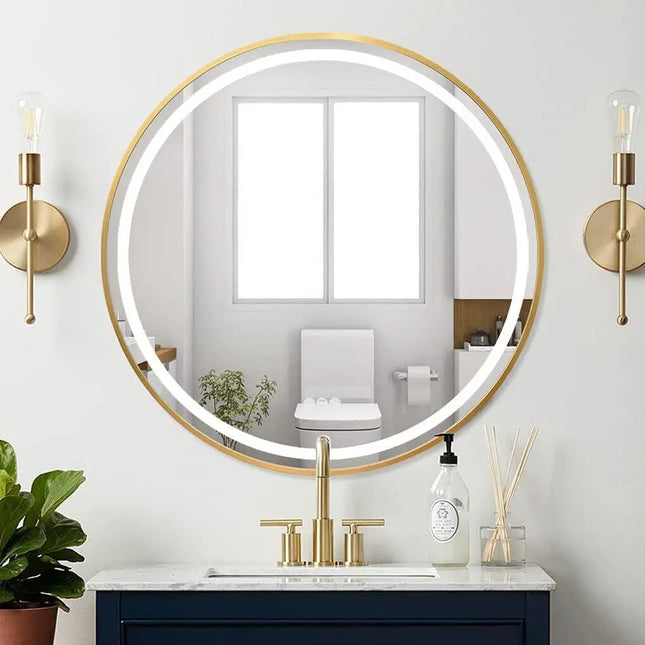 600mm Round LED Mirror Illuminated Lighted Wall Hanging Bathroom Mirror, Anti-fog, Golden/ Black Frame for Bathroom Entryway