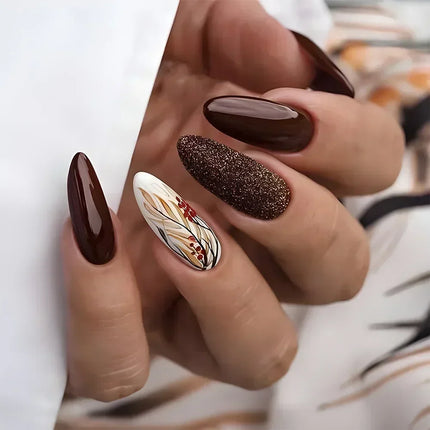 24Pcs Autumn Winter Matte Almond False Nails with Glue Rose