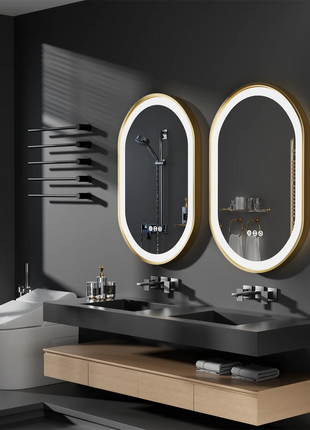 Gold Frame Oval Bathroom Mirror LED Lighted Anti-Fog Smart Vanity Mirror Anti-fog Dimmable Illuminated Innovative Makeup Mirror