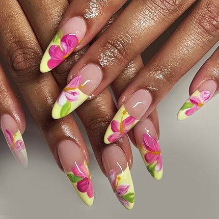 24Pcs Short Almond Press-On Nails Pink Floral French Tip Glossy&Elegant Full Cover