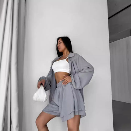 Short Sets Solid Women Two Pieces Suits High Waist Shorts Turn Down Collar Long Sleeve Shirt