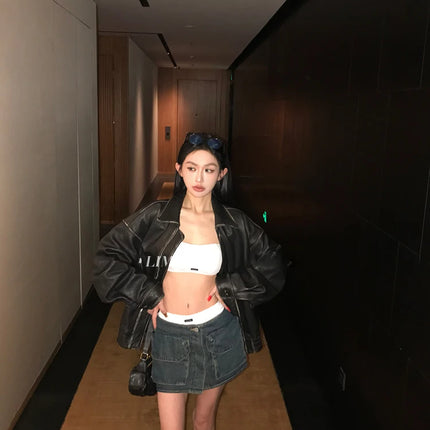 Spring Autumn Cool Handsome Retro Oversized Distressed Brown Soft Faux Leather Jackets for Women Zipper Runway Fashion