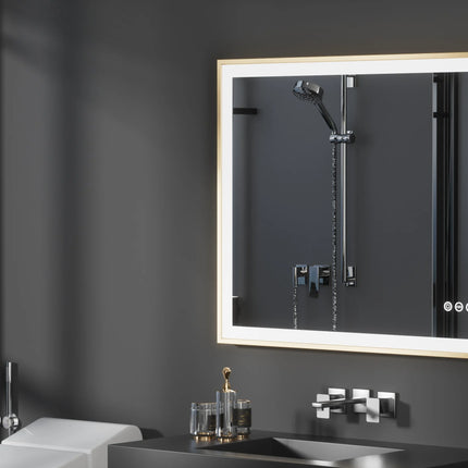 LED Bathroom Vanity Mirror Gold Frame Front Lighted Aluminum Rectangle Beveled Edge Tricolors Stepless Dimmable