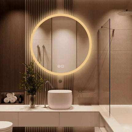 Round Bathroom Mirror with LED Lights Wall-mounted Anti-fog Mirror Light Touch Switch Color Temperature Adjustable Stepless Dimm