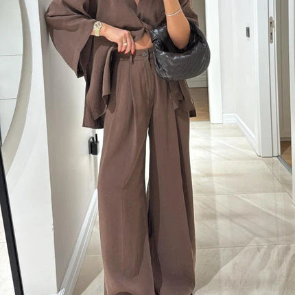 Casual Cotton Linen Loose Long Pants Suits Fashion Half Bubble Sleeve V-neck One Button Shirt Sets