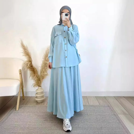 2-Piece Long Sleeve Shirt and Skirts Set for Women Elegant Abaya Dubai Turkey Islamic Casual Tops Monochromatic Skirt Fashion