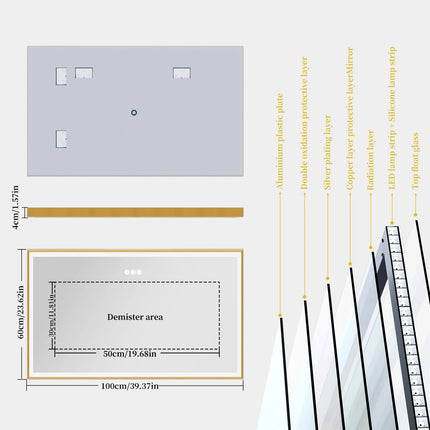 Smart LED Bathroom Mirror Demister Touch Sensor Gold Brushed Brass Frame Anti-Fog Vanity Wall Mirror 3 Sizes