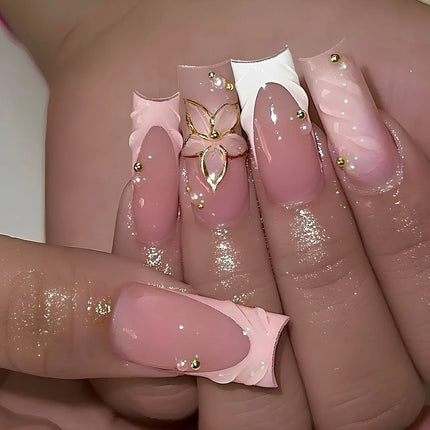 24pcs Short Square Press on Nails Jade Flower Sparkling