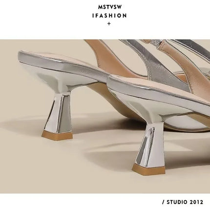 Brand Woman Slingback Shoes Fashion 2024 Spring New Ladies High Heels Elegant Med Heel Pointed Toe Slip on Sandal Mules