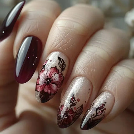 24Pcs Autumn Winter Matte Almond False Nails with Glue Rose