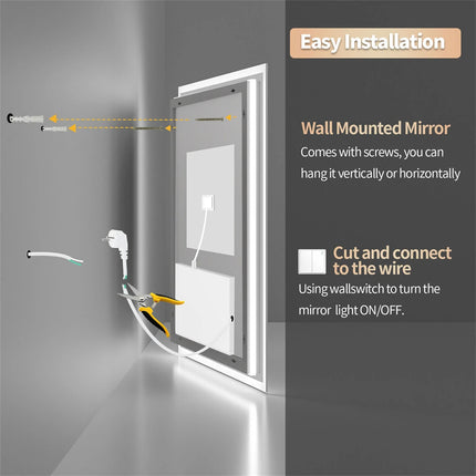 LED Bathroom Mirror 3 Size Dimmable Wall Mounted Mirror Rectangle Makeup Mirror Demist, Vertical/ Horizontal Backlit, IP65 Rated