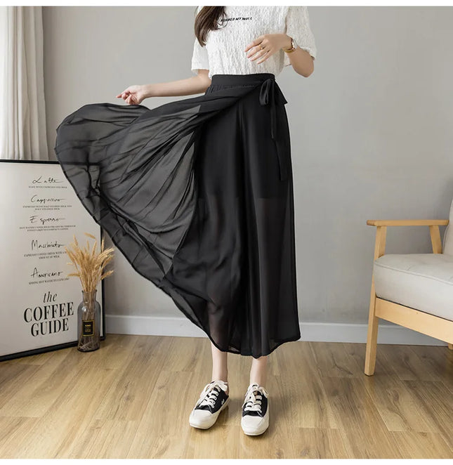 Skirt Women Chiffon Trouser Skirt High Waist Casual Wide Leg Pants