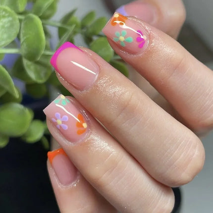 24Pcs Short Almond Press-On Nails Pink Floral French Tip Glossy&Elegant Full Cover