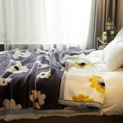 Double Sided Printed Autumn Winter Blankets for Bed Soft Warm Encrypted Flocking Raschel Blanket Skin Friendly Weighted Blanket