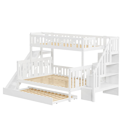 Children bed 90x200/140x200 cm, solid wood bunk bed with slide and shelf with safety levels, trundle bed and slatted frame, White