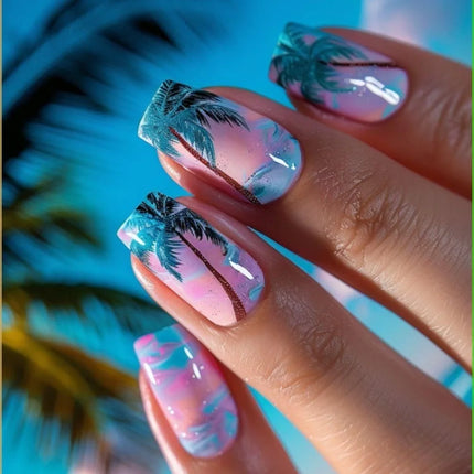 24pcs Short Square Press on Nails Jade Flower Sparkling